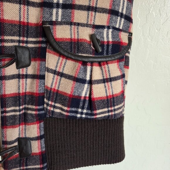 Old Navy Retro Plaid Toggle Wool Blend Vest Faux Fur Hood Multicolor Sz Womens L - Picture 6 of 11